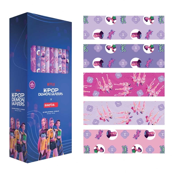 Safta K-Pop Demon Hunters Expositor con 50 Rollos de Papel Regalo - Medidas del Rollo 70x200cm - 5 Patrones Diferentes - 30.5x71x15.5cm - Colores Surtidos