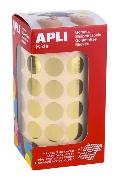 Apli Gomets Redondos Oro Metalizado - Ø 15mm - 2832 Gomets por Rollo - Adhesivo Permanente - Ideal para Escuelas y Talleres Infantiles
