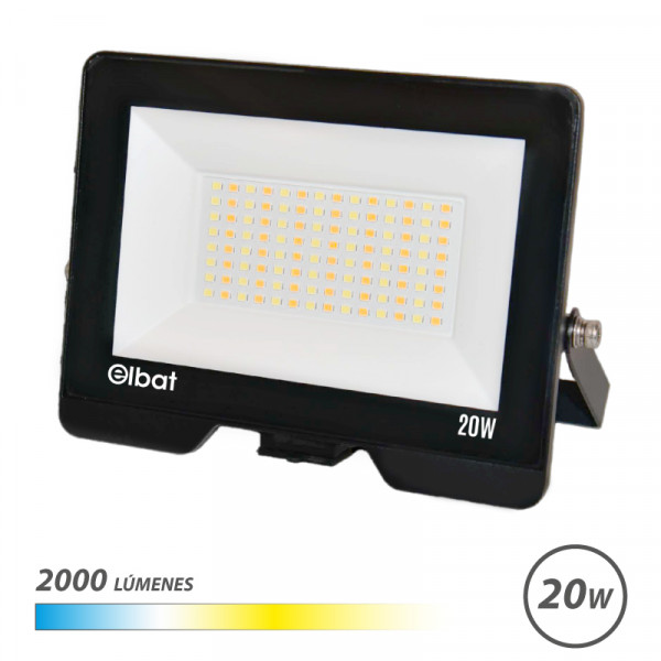 Elbat Serie Lumax Foco LED - Potencia 20W - Flujo Luminoso 2000lm - CCT 3 en 1 - 3000K / 4000K / 6500K - IP65 - Apertura 120º - Exterior - Vida Util hasta 50.000h - 140x98x25mm - Color Negro