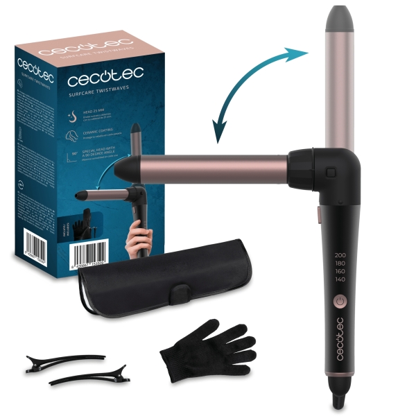 Cecotec SurfCare 3200 TwistWaves Rizador de Pelo de 32mm - Codo de 90 Grados - Temperatura Regulable hasta 200 ºC - Cabezales Incluidos - Revestimiento Ceramico - Color Negro