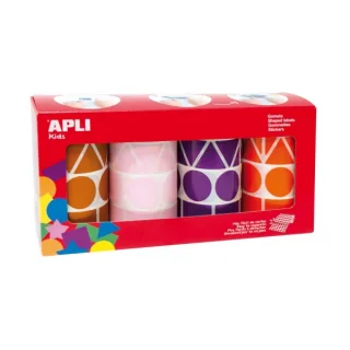 Apli Pack con 4 Rollos de Gomets Geometricos XL - 1357 Gomets por Rollo - Adhesivo Permanente - 5.428 Gomets en Total - Ideales para Escuelas Infantiles - Colores Marron, Rosa, Lila y Naranj
