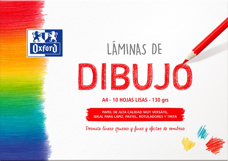 Oxford Dibujo Escolar Sobre de Laminas de Dibujo A4 - 10 Hojas de 130gr - Papel Liso de Alta Calidad - Ideal para Estudiantes y Artistas · Pack de 5 uds.