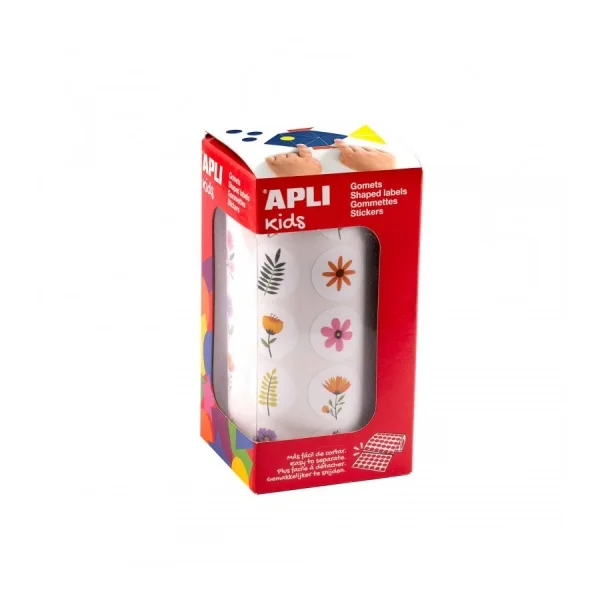 Apli Rollo de Gomets Flores - Adhesivo Permanente - 900 Gomets - Fomenta Psicomotricidad y Creatividad - Ideal para Guarderias