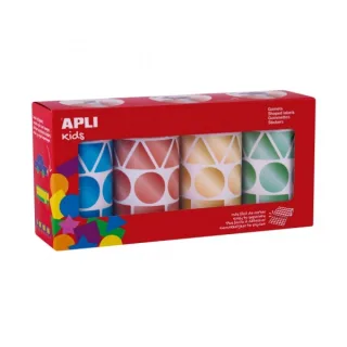 Apli Pack con 4 Rollos de Gomets Geometricos - 1081 Gomets por Rollo - Adhesivo Permanente - 4.324 Gomets en Total - Ideales para Escuelas Infantiles - Colores Metalizados Azul, Rojo Amarill
