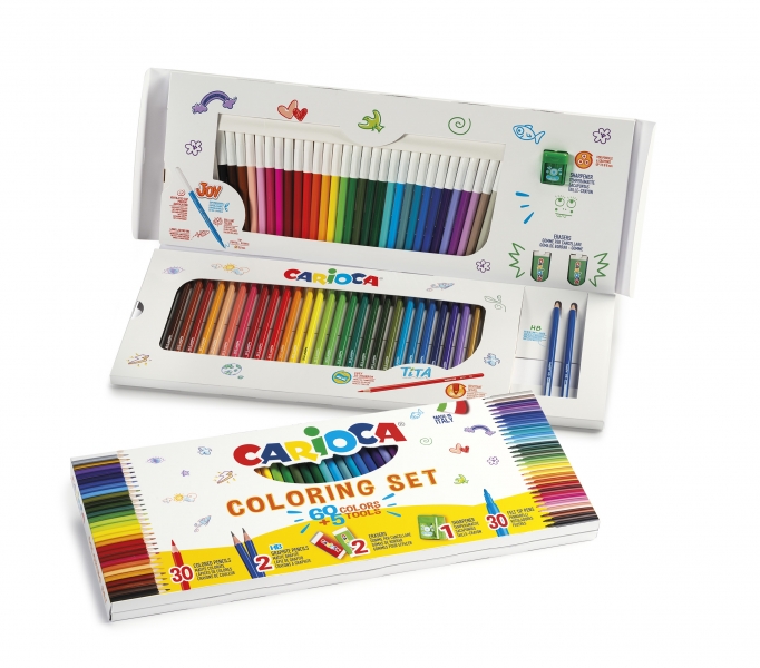 Carioca Joy Pack de 65 Piezas para Colorear - Incluye 30 Rotuladores Super Lavables + 30 Lapices de Colores + 2 Gomas de Borrar + 2 Lapices de Grafito HB + 1 Sacapuntas con Deposito - Colore