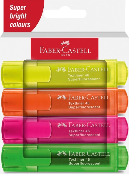 Faber-Castell Textliner 46 Superfluorescente Pack de 4 Marcadores Fluorescentes - Punta Biselada - Trazo entre 1mm y 5mm - Tinta con Base de Agua - Colores Surtidos
