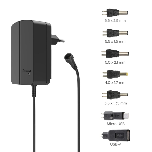 Hama Fuente de Alimentacion Multidispositivo - Potencia 27W - Voltaje 12V - Indicador LED - 7 Adaptadores - Intensidad Maxima 2.25A - Voltaje Ajustable - Color Negro