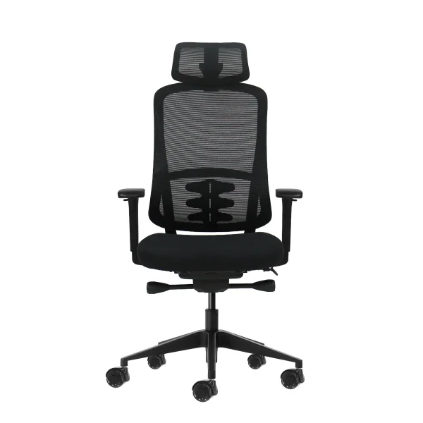 Oqonos Cherg 018 Silla de Oficina Ergonomica con Reposacabezas Cervical Ajustable, Mecanismo Autobalanceado, Reposabrazos 4D, Asiento Deslizable y Ruedas de Silicona - Negro