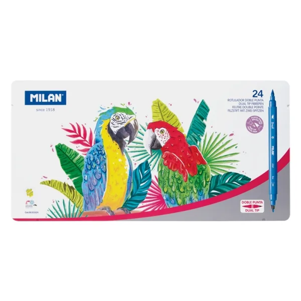 Milan Pack de 24 Rotuladores Doble Punta Fina - Pincel - Caja Metalica - Punta Fina 2mm - Pincel 0.5 a 4mm - Colores Surtidos