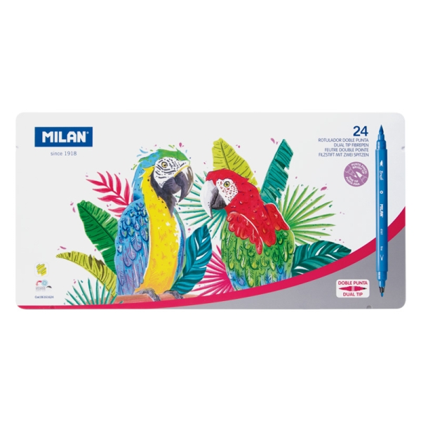 Milan Pack de 24 Rotuladores Doble Punta Fina - Pincel - Caja Metalica - Punta Fina 2mm - Pincel 0.5 a 4mm - Colores Surtidos