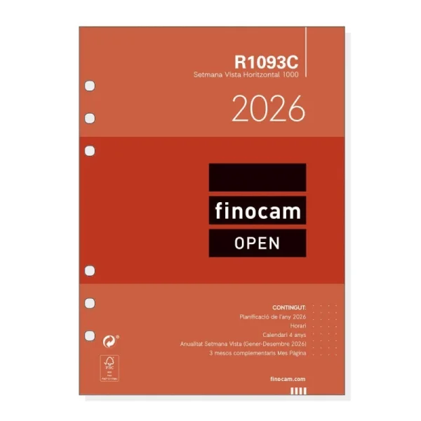 Finocam R1093C Recambio para Agendas Open en Catalan - Anual 2026 - Formato 1000 - 155x6x215mm - Semana Vista Horizontal - Color Blanco