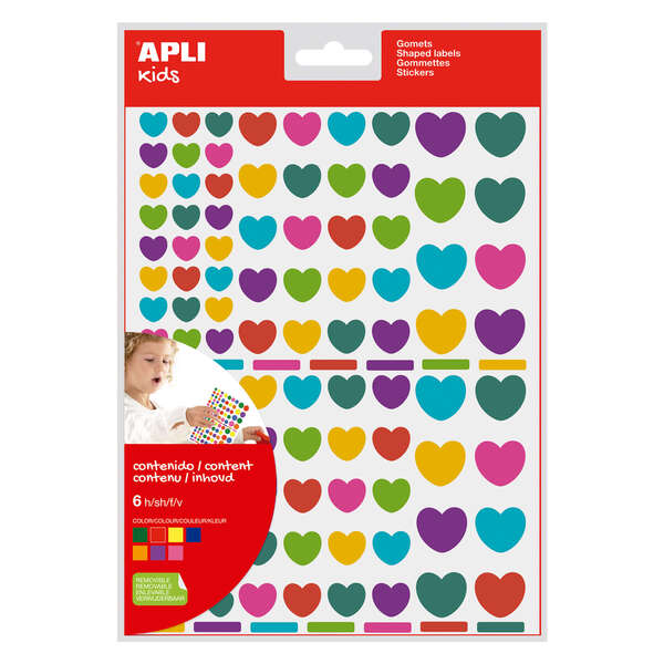Apli Pack de 624 Gomets con Forma de Corazon Adhesivo Removible - Ideales para Escuelas Infantiles - Desarrollo de Habilidades y Creatividad - Colores y Tamaños Surtidos · Pack de 10 uds.