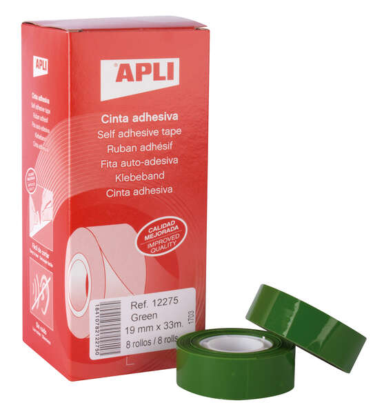 Apli Cinta Adhesiva Polipropileno 19mm x 33m - Resistente al Desgarro - Facil de Cortar - Adhesivo de Alta Calidad - Color Verde · Pack de 8 uds.