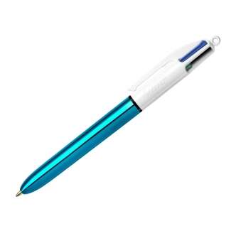 Bic 4 Colours Shine Boligrafo de Bola Retractil - Punta de 1mm - Trazo de 0.4mm - Tinta con Base de Aceite - Cuerpo Azul Metalizado/Blanco - 4 Colores · Pack de 12 uds.