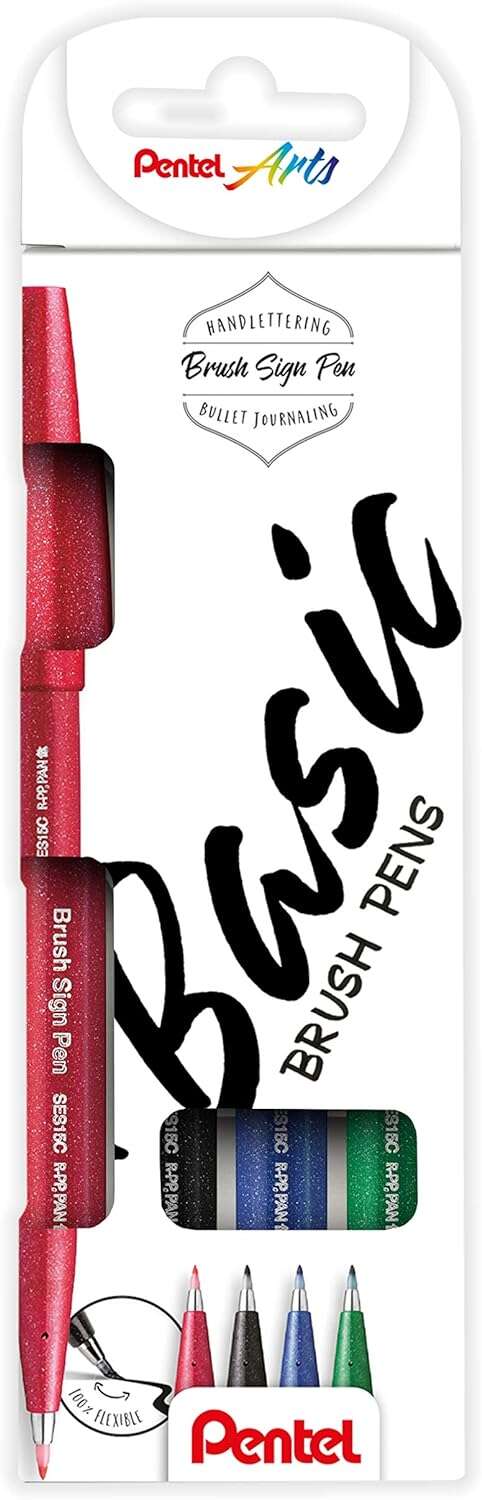 Pentel Brush Sing Pen Basic Pack de 4 Rotuladores con Punta de Pincel - Lineas Finas o Gruesas dependiendo de la Presion - Fabricados con 81% de Plasticos Recicldos - Colores Negro, Azul, Ro