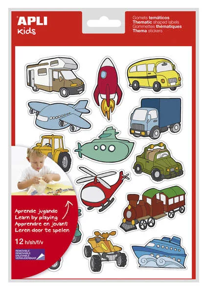 Apli Gomets Tematicos Transportes - 180 Gomets en 12 Hojas - Adhesivo Removible - Ideal para Aprendizaje - Cumple Normas EN-71 y FSC - Adhesivo Base Agua - ECF - 100% Reciclables - Coloridos