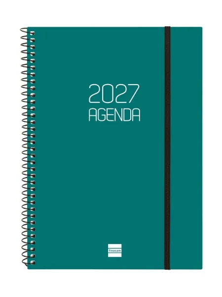 Finocam Espiral Basics Opaque Agenda - Anual 2027 - Semana Vista Horizontal - Formato E10 - 155x212mm - Espiral - Tapa de Polipropileno - Esquinas Microperforadas - Papel de 80g/m2 - Color Verde