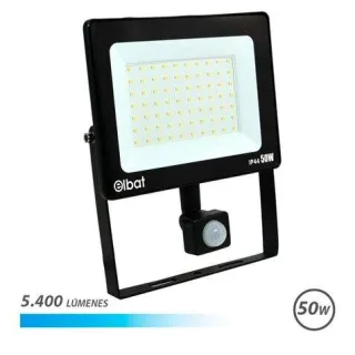 Elbat Foco LED de 50W - Potencia: 50W - Lumenes: 5400 - Sensor de Movimiento - 6.500K Luz Fria - 30.000 - 50.000 Horas de Vida - Angulo 120º - Proteccion: IP44 - Distancia Deteccion de Movim