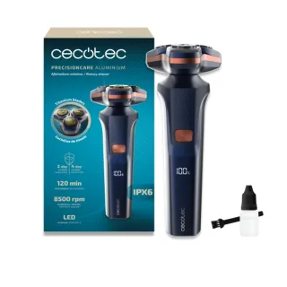 Cecotec PrecisionCare Aluminum Afeitadora Rotatoria - Autonomia hasta 2h - Cabezal Magnetico - Velocidad 8500rpm - Pantalla LED - Revestimiento de Titanio - Color Azul Marino