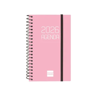 Finocam Opaque Agenda de Espiral - Anual 2026 - Tapa Ligera - Cierre con Goma Elastica - Formato E3 - 85x14x127mm - Semana Vista Horizontal - Color Rosa