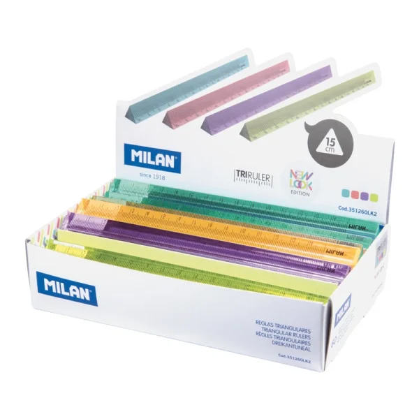 Milan New Look Expositor con 60 Reglas Triangulares de 15cm - Plastico Rigido - Transparente - Colores Surtidos