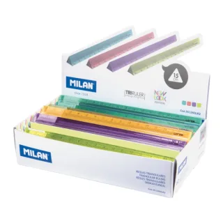 Milan New Look Expositor con 60 Reglas Triangulares de 15cm - Plastico Rigido - Transparente - Colores Surtidos