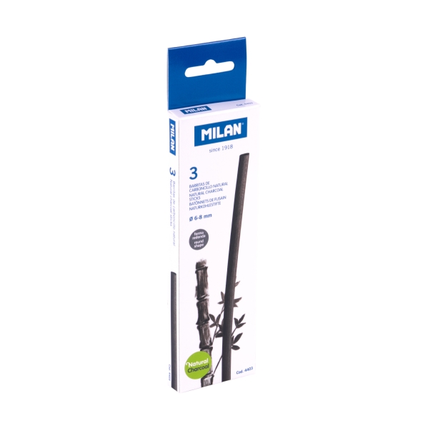 Milan Pack de 3 Barritas de Carboncillo - Natural - Redondo de 6-8mm - Color Negro