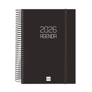 Finocam Opaque Agenda de Espiral - Anual 2026 - Tapa Ligera - Cierre con Goma Elastica - Formato E10 - 175x29x212mm - 1 Dia por Pagina - Color Negro
