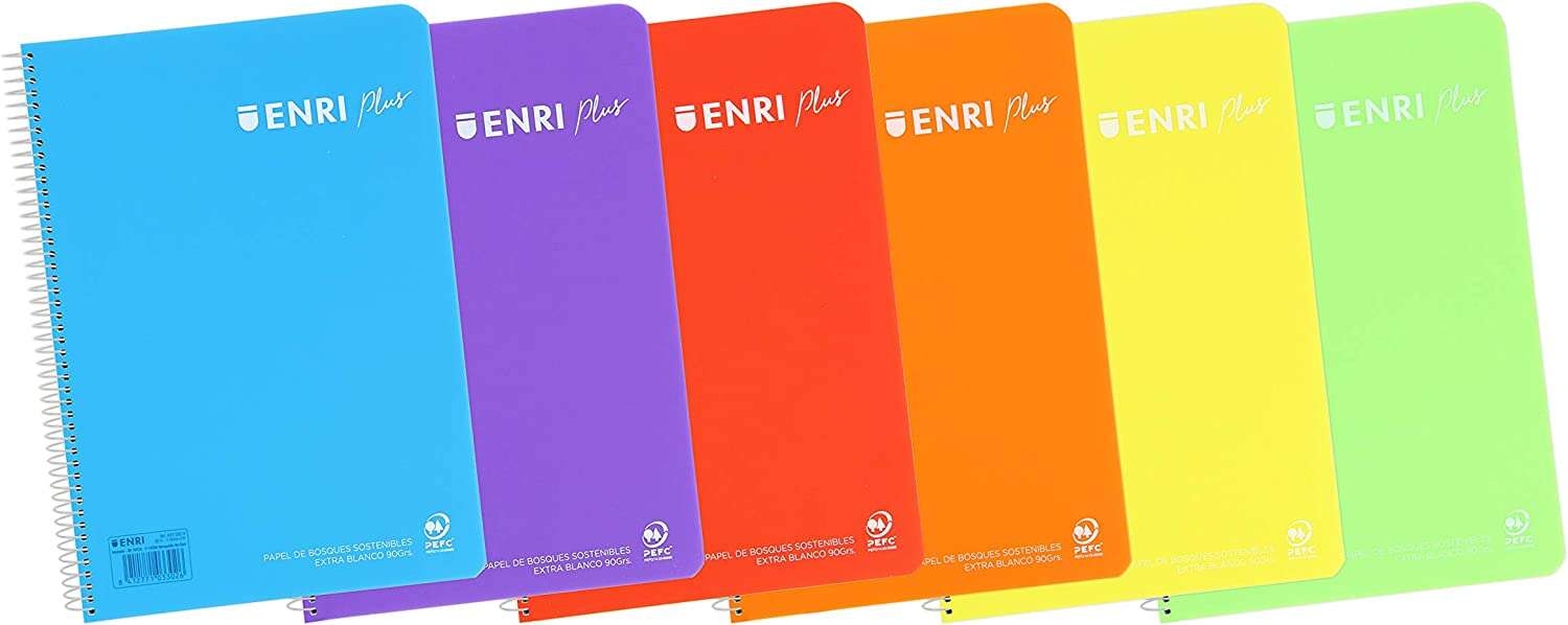 Enri Plus Cuaderno Espiral Formato Folio Cuadriculado 4x4mm - 80 Hojas 90gr con Margen - Cubierta de Plastico - Colores Surtidos · Pack de 5 uds.