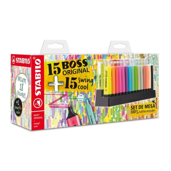 Stabilo Pack de Set de Mesa con 15 Marcadores Stabilo Boss y 15 Marcadores Swing Cool - Tinta con Base de Agua - Colores Surtidos