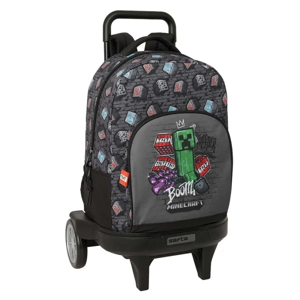 Safta Minecraft Graffiti Mochila con Carro - Extraible - 33L - Portabotellas - Tarjeta de Identificacion Personal - Ruedas Antivibracion - Doble Tirador - Asa - Bolsillo Frontal - 33x45x22cm - Color Gris