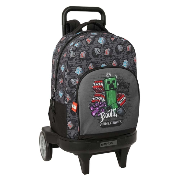 Safta Minecraft Graffiti Mochila con Carro - Extraible - 33L - Portabotellas - Tarjeta de Identificacion Personal - Ruedas Antivibracion - Doble Tirador - Asa - Bolsillo Frontal - 33x45x22cm - Color Gris