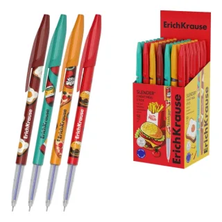 ErichKrause Stick Cheat Meal Boligrafo con Capuchon - Modelos Surtidos - Trazo 0.26mm - Tinta de Baja Viscosidad - Tapa Ventilada - Color Azul · Pack de 50 uds.