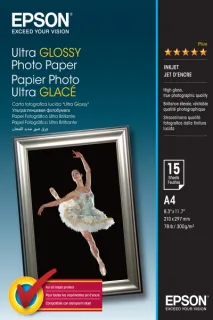 Epson Ultra Glossy Photo Pack de 15 Hojas de Papel Fotografico - A4 - Gramaje de 300g/m2 - Acabado Brillante - Compatible con Impresoras Inkjet - Color Blanco