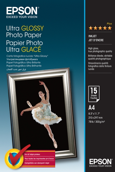 Epson Ultra Glossy Photo Pack de 15 Hojas de Papel Fotografico - A4 - Gramaje de 300g/m2 - Acabado Brillante - Compatible con Impresoras Inkjet - Color Blanco
