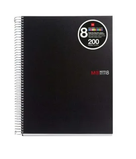 Miquel Rius Notebook8 Cuaderno de Espiral Formato A5 - 200 Hojas de 70 gr Microperforadas con 4 Taladros - Cubiertas de Polipropileno - Cuadricula 5x5 - Color Negro