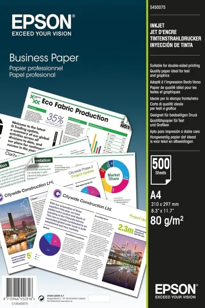 Epson Business Inkjet Papel A4 - 500 Hojas - Gramaje de 80g/m2 - Apto para Impresion a Doble Cara - Color Blanco