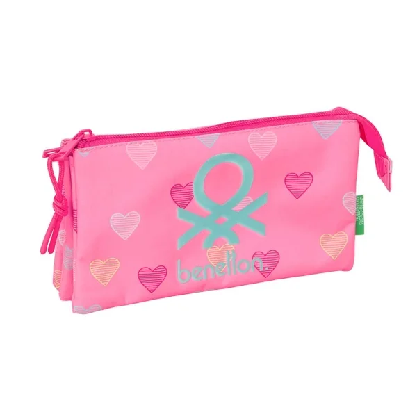 Safta Benetton Heart Portatodo - 3 Compartimentos con Cremalleras - Bolsillo Interior - 0.6L - 220x30x120mm - Color Rosa