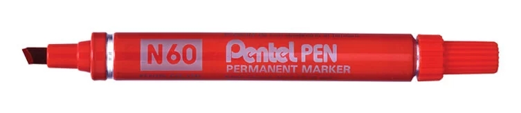 Pentel Pen N60 Rotulador Permanente - Punta Biselada Resistente y Duradera - Resistente a Agua y Luz - Color Rojo · Pack de 12 uds.