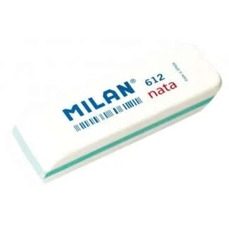 Milan Nata 612 Goma de Borrar Biselada - Plastico - Suave - No Abrasiva - Color Blanco · Pack de 12 uds.