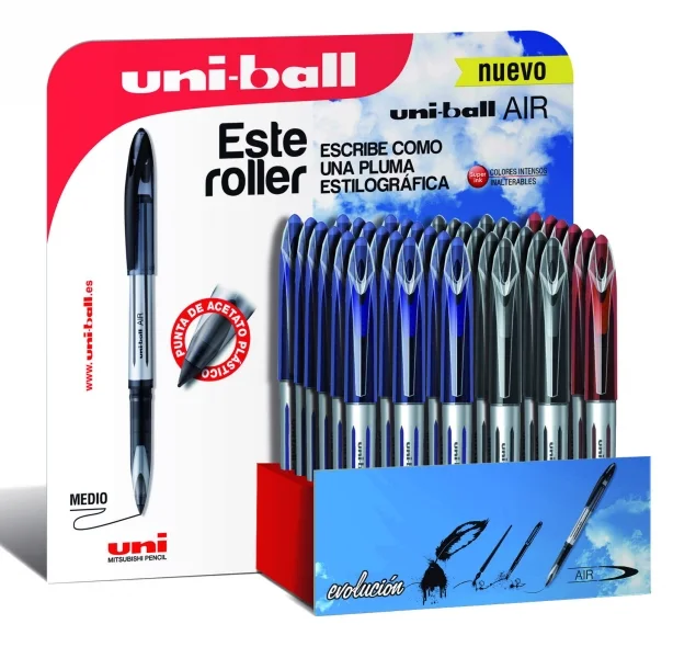 Uni-ball Air 188 Expositor de 36 Rollerballs - Punta de Bola 0.7mm - Escritura como Pluma Estilografica - Tinta Pigmentada Resistente al Agua y Luz - Colores Surtidos