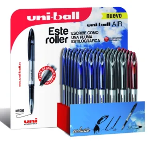 Uni-ball Air 188 Expositor de 36 Rollerballs - Punta de Bola 0.7mm - Escritura como Pluma Estilografica - Tinta Pigmentada Resistente al Agua y Luz - Colores Surtidos