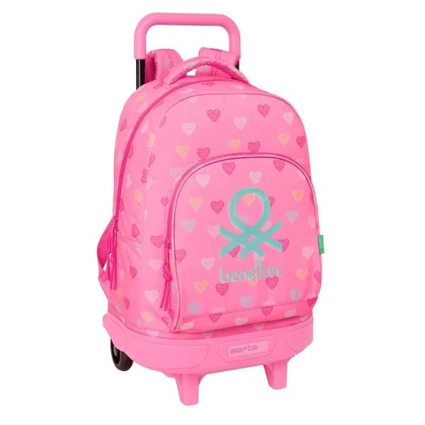 Safta Benetton Heart Mochila con Carro - Extraible - Bolsillo Frontal - Portabotella - Tirador Doble - Hombreras Acolchadas - Asa Superior - Tarjeta ID - 33L - 330x220x450mm - Color Rosa