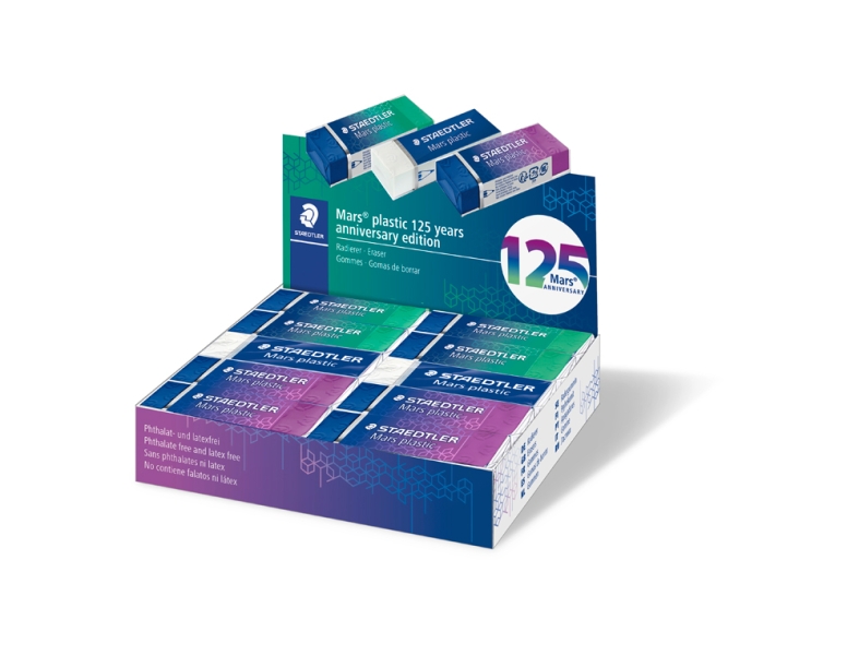 Staedtler Mars Plastic 125 Aniversario Goma de Borrar - Borrado de Alta Calidad - Minimos Residuos - Color Blanco · Pack de 20 uds.