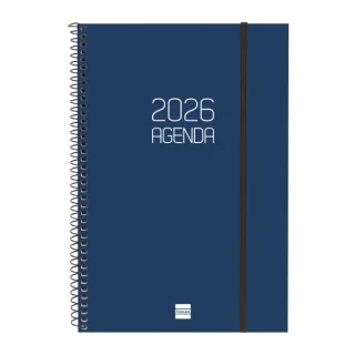 Finocam Opaque Agenda de Espiral - Anual 2026 - Tapa Ligera - Cierre con Goma Elastica - Formato E11 - 172x14x242mm - Semana Vista en Vertical - Color Azul