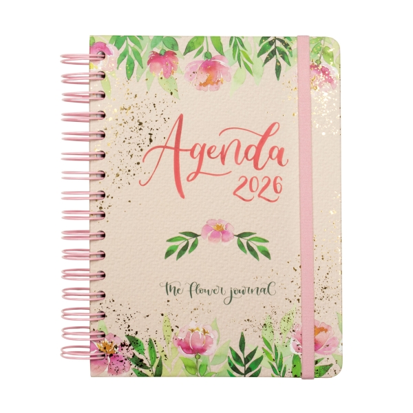 Finocam Flower Journal Agenda de Espiral - Anual 2026 - Tapa Dura - Cierre de Goma - Formato E10 - 155X212mm - 1 Dia por Pagina - Color Rosa