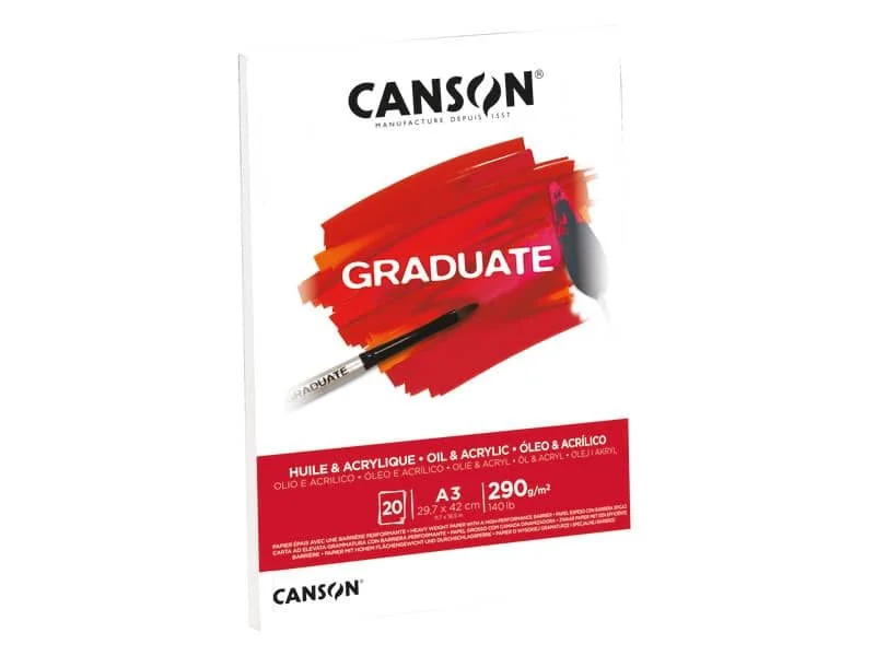 Canson Graduate Oleo & Acrilico Bloc Encolado de 20 Hojas A3 - 290g - Grano Fino - Color Blanco