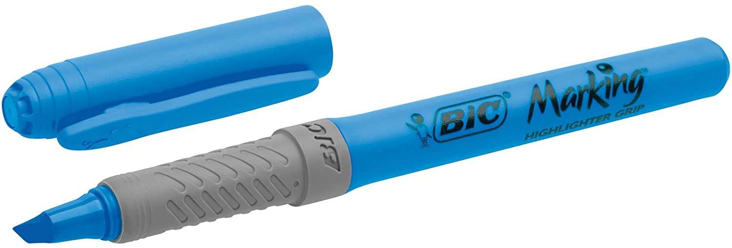 Bic Highlighter Grip Marcador Fluorescente - Tinta con Base de Agua - Punta Biselada - Trazo entre 1.60 y 3.30 mm - Color Azul · Pack de 12 uds.