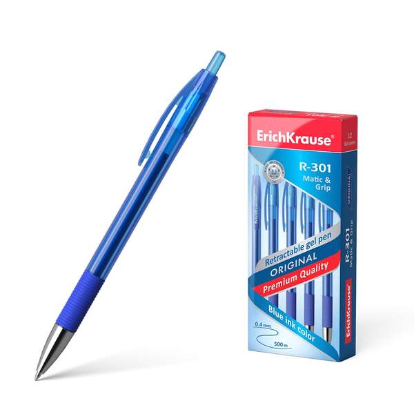 Erichkrause Boligrafo de Gel Automatico R-301 Original Gel Matic&Grip - Punta de 0,5mm - Tinta de Gel de Secado Rapido - Cuerpo Transparente - Color Azul · Pack de 12 uds.