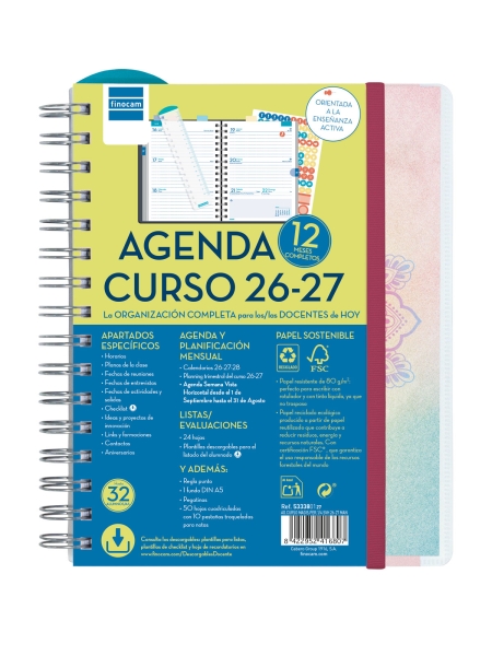 Finocam Magistral Agenda Escolar 26/27 - Semana Vista Horizontal - Formato 4º - 155x212mm - Tapas de Polipropileno - Papel de 80g/m2 - Espiral Metalica - Esquinas Microperforadas - Multicolor